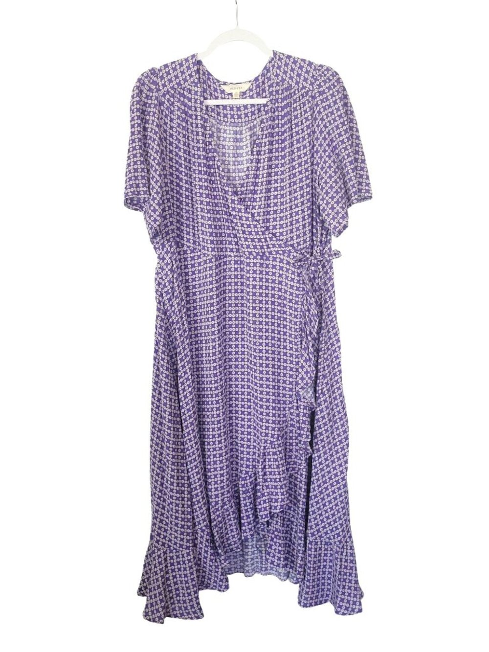 Per Una Purple Floral Midi Dress 20 Wrap Style Short Flutter Sleeve Ruffle Hem